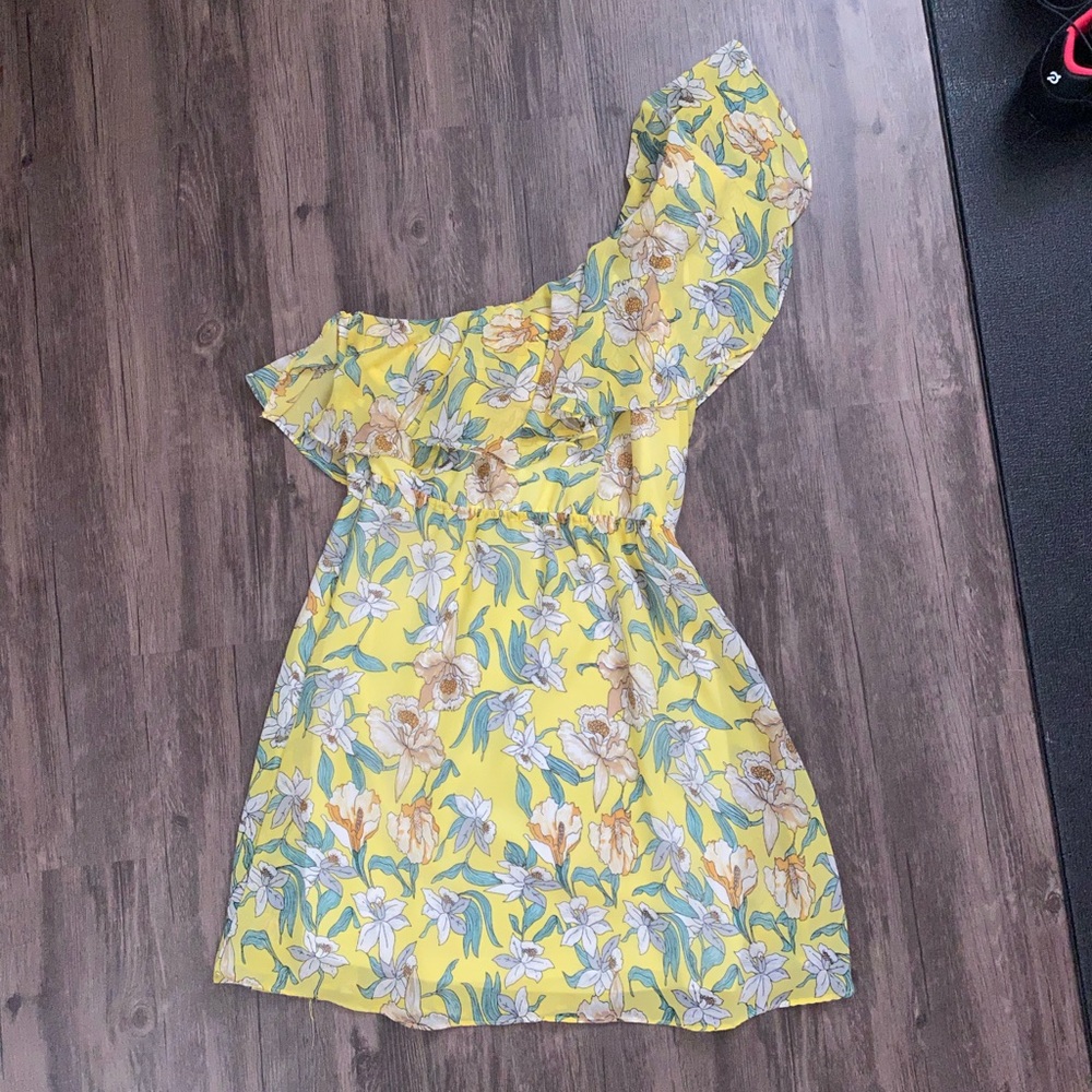 One Shoulder Ruffle Mini Dress Yellow Floral - Vacation, Date, Summer